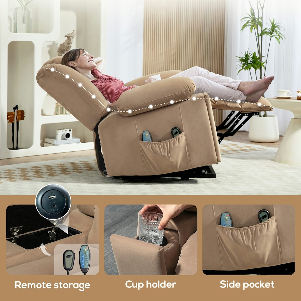 image 1 of HOMCOM Power Lift Recliner Chair with Vibration Massage, USB, Light Brown Brown | Light Brown