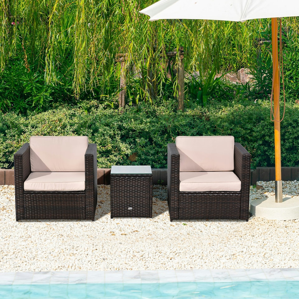 image 1 of Outsunny 3Pcs Patio 2 Seater Rattan Sofa Garden Furniture Set Coffee