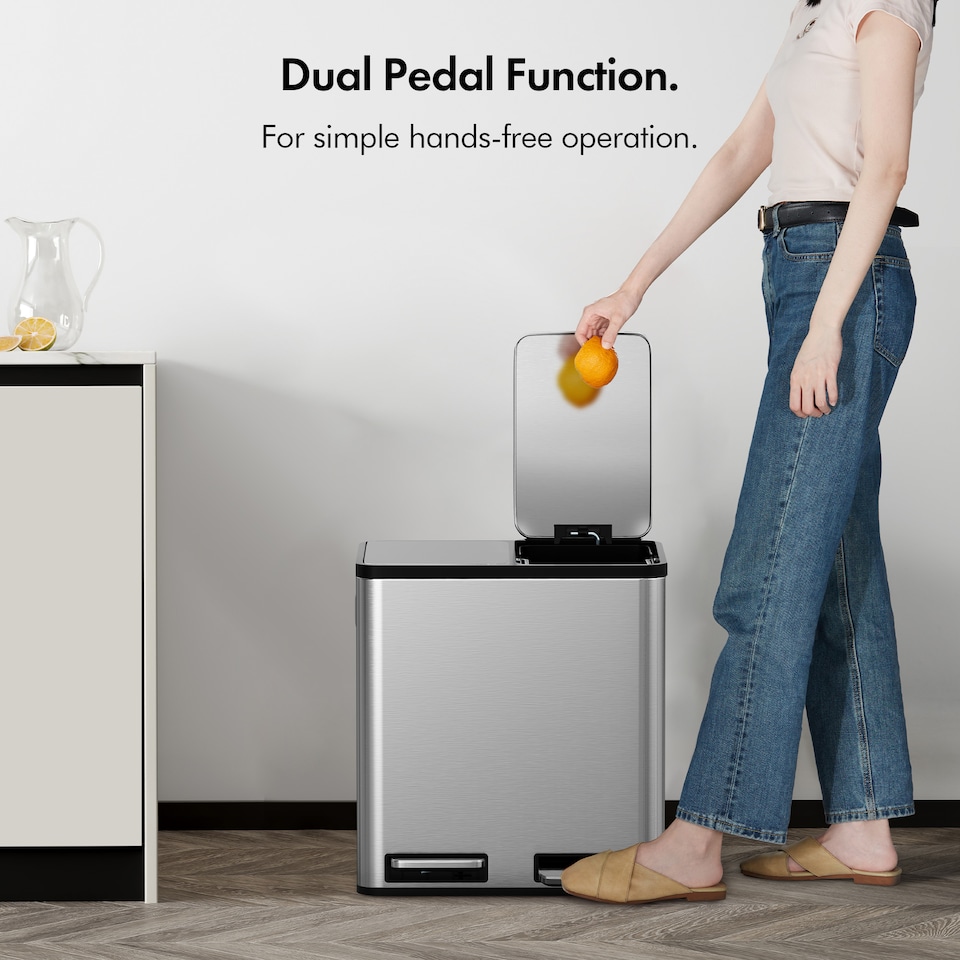 image 1 of VonHaus Cream 30L Waste & Recycling Kitchen Bin, 2 x 15L Compartment Stainless Steel Pedal Bin w/ Non Slip Base, Removable In-Bins | Chrome | Stainless Steel | 45L