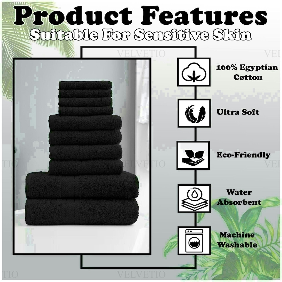 image 1 of VELVETIO 10 Piece Towel Bale Set Toronto Stripe Pattern - 100% Cotton, 450 GSM Black
