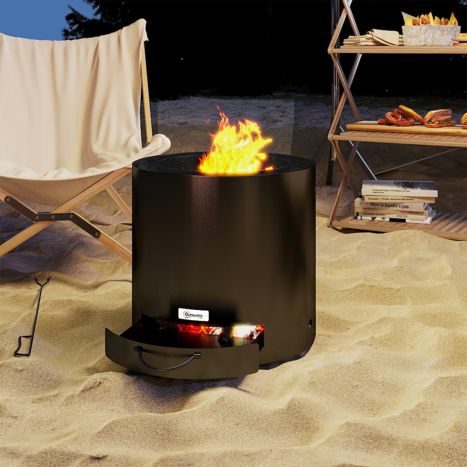 image 1 of Outsunny Outdoor Round Fire Pit with Ash Tray and Fire Poker, Black
