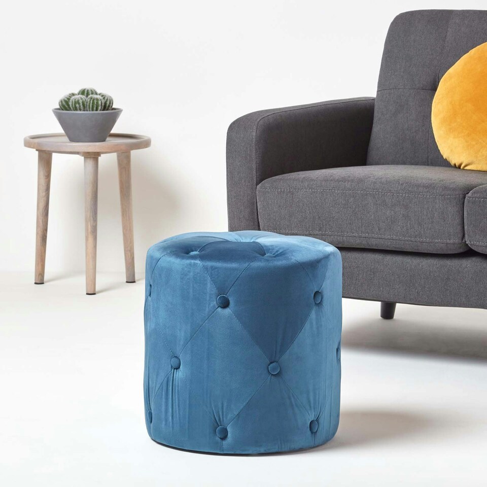image 1 of Homescapes Windsor Velvet Footstool, Navy