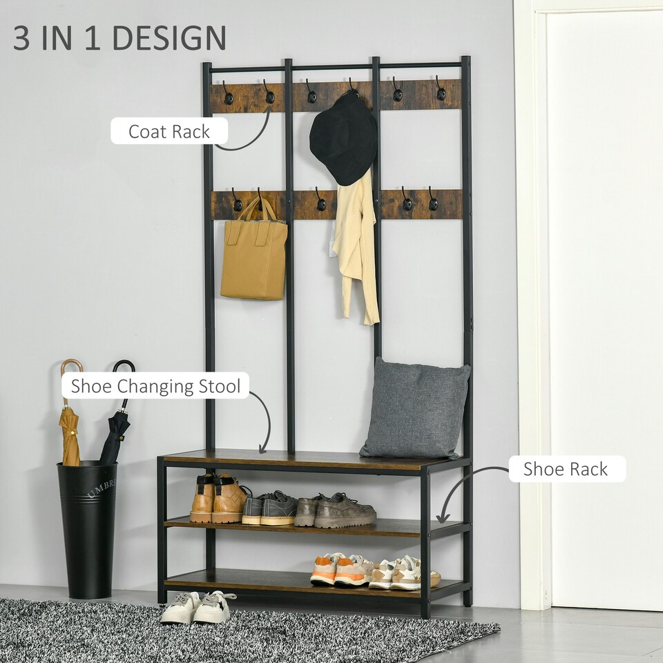 image 1 of HOMCOM Entryway Coat Rack Hall Tree Shoe Bench 3 in 1 Design Metal Storage Rack