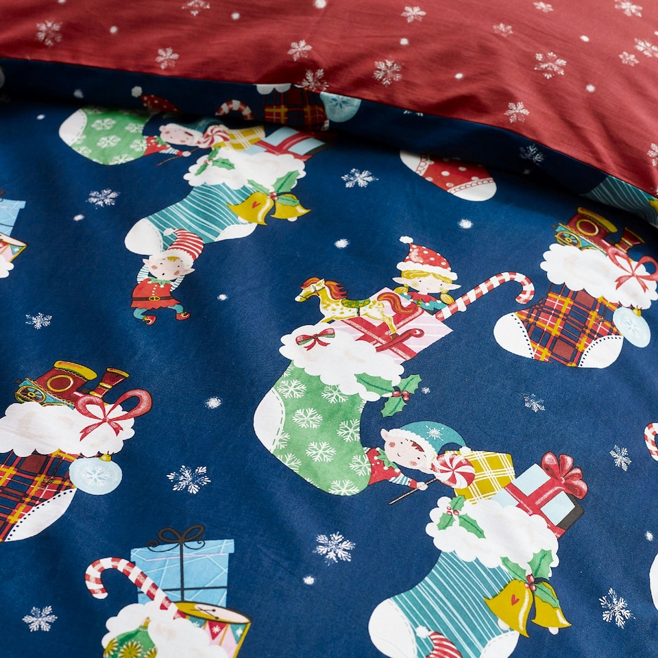 image 1 of Catherine Lansfield Christmas Elves Cotton Rich Duvet Cover Set Navy Blue Blue | Navy Blue | Toddler