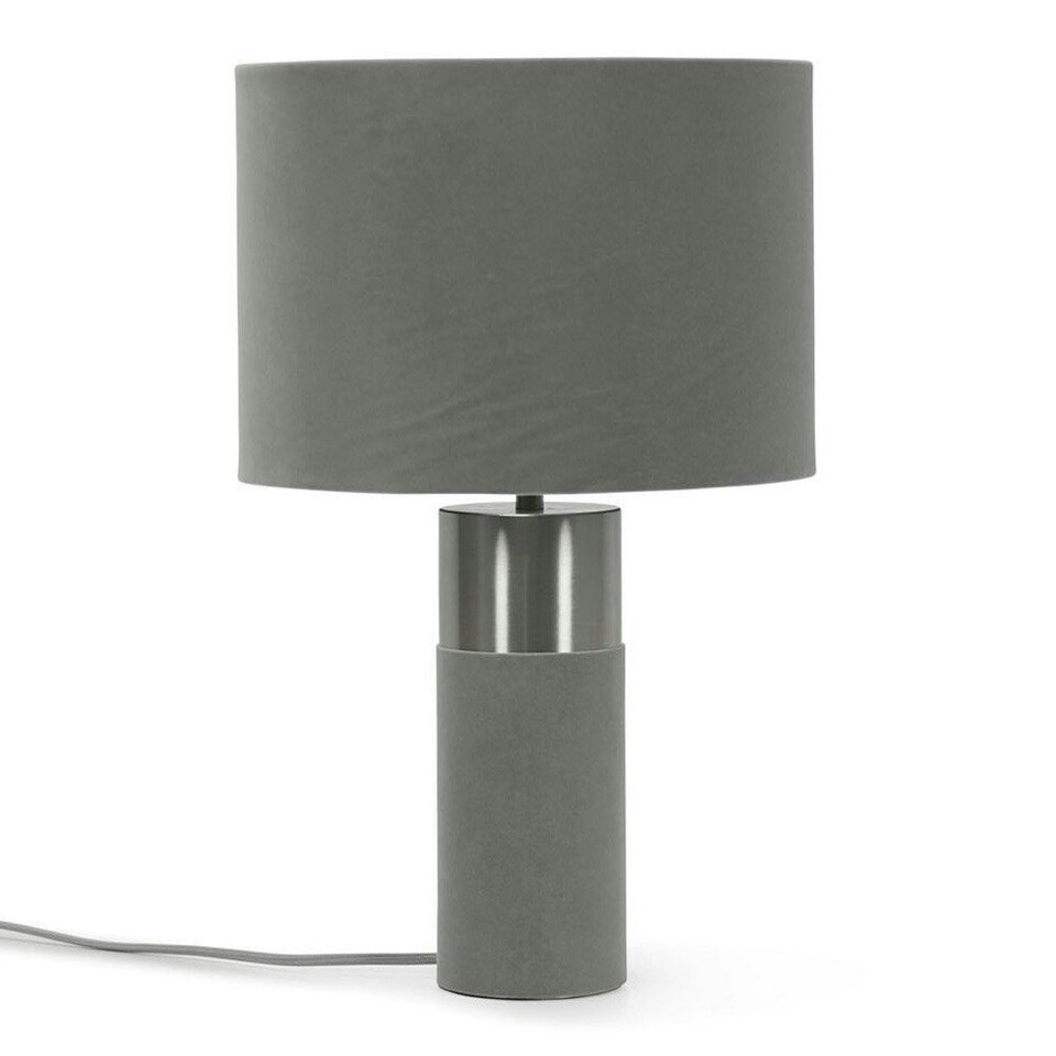 image 1 of ValueLights Alexa Charcoal Grey Velvet and Silver Chrome Bedside Table Lamp with a Drum Lampshade - Bulb Included