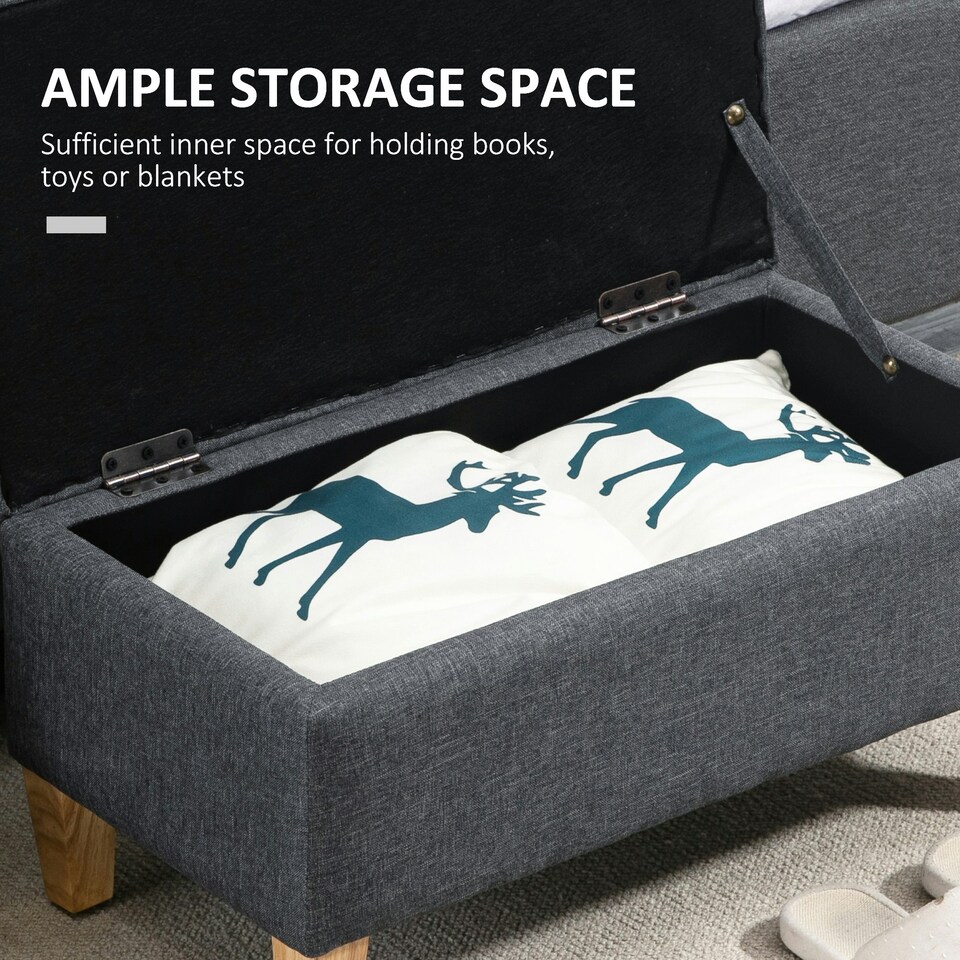 image 1 of HOMCOM Linen Storage Ottoman Storage Box with Rubberwood Legs, Dark Grey