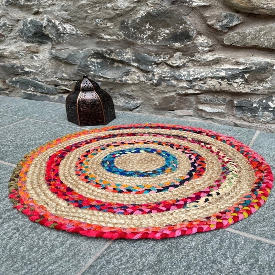 image 1 of FIESTA Round Rug Hand Woven with Recycled Fabric - Jute - L60 x W60 | Multi