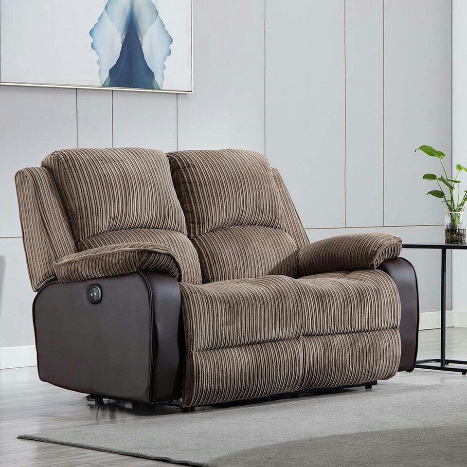 image 1 of Postana 2 Seater Electric High Back Jumbo Cord Fabric Recliner Sofa (Brown)