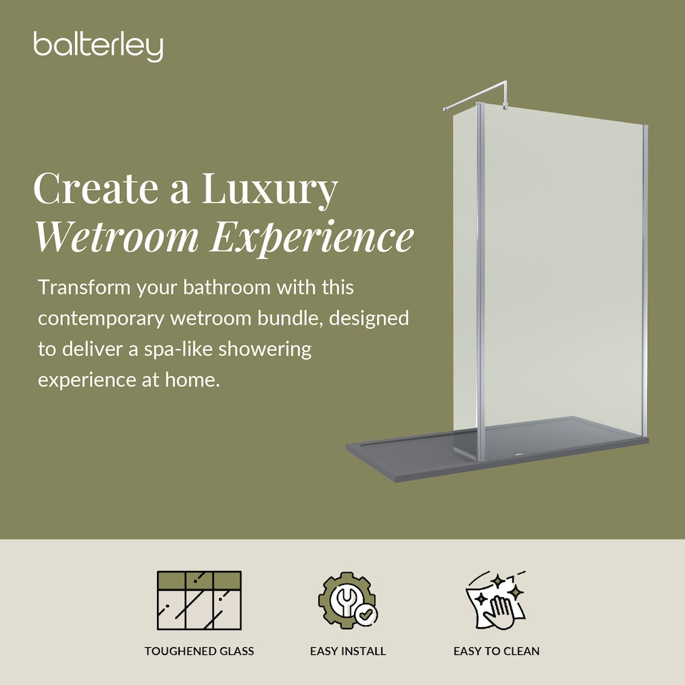 image 1 of Balterley Glass Walk In Wetroom Screen and Hinged Return Screen with Profile and Shower Tray | Silver | Chrome