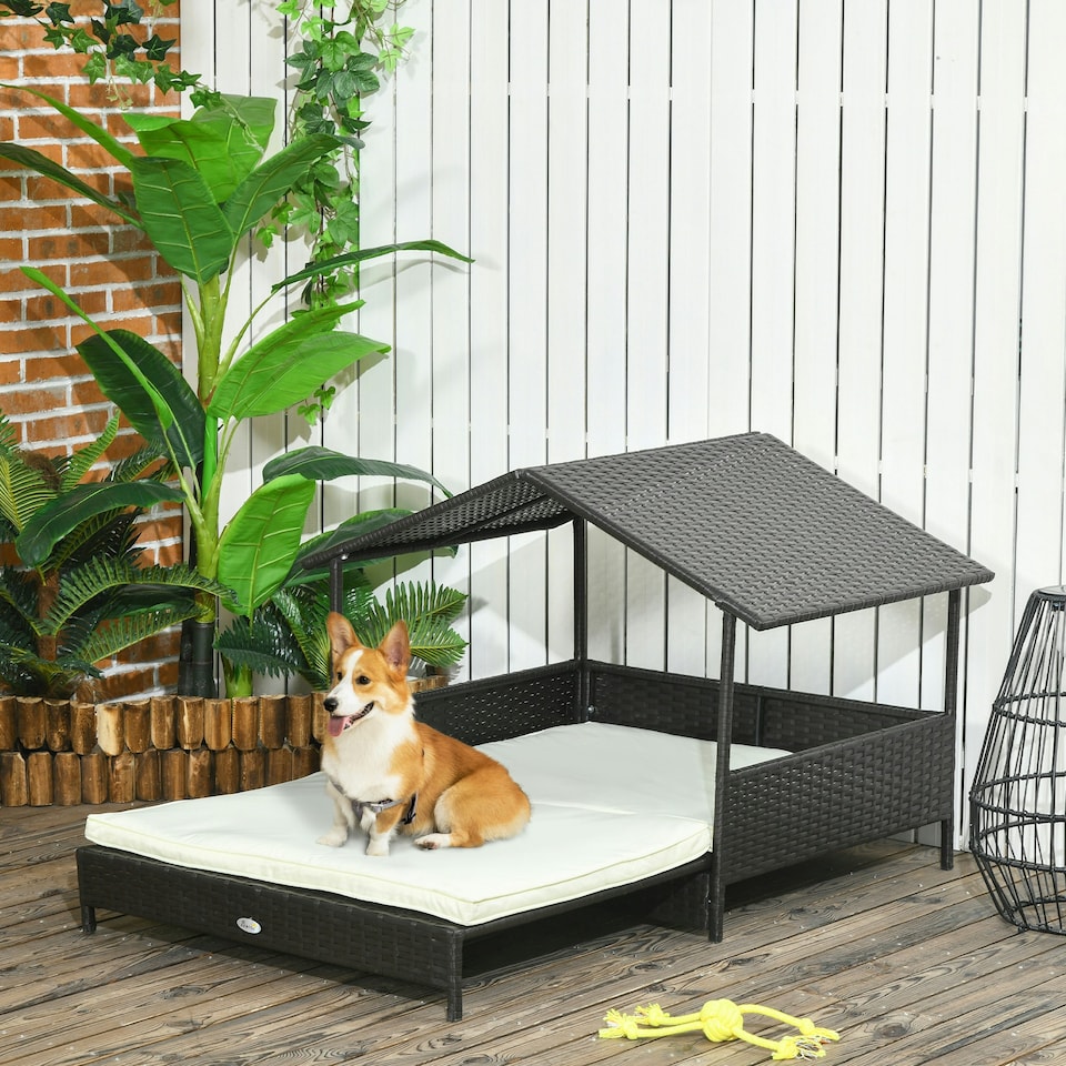 image 1 of PawHut Extendable Rattan Dog House w/ Water-Resistant Roof - Cream