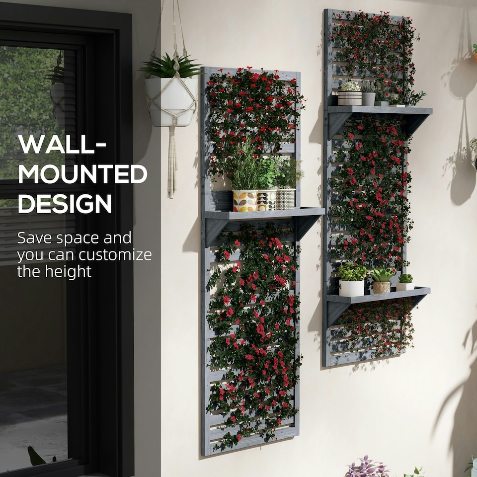 image 1 of Outsunny Wall Mounted Plant Stands Set of 2 with Shelves and Slatted Trellis