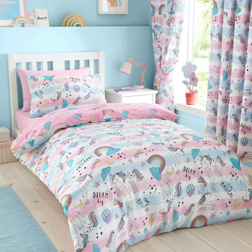 image 1 of Portfolio Home Girls Kids Dreamy Unicorns Rainbows Soft Easy Care Bed Linen Bedding Duvet Cover Quilt Set With Pillow Case Multi | Single