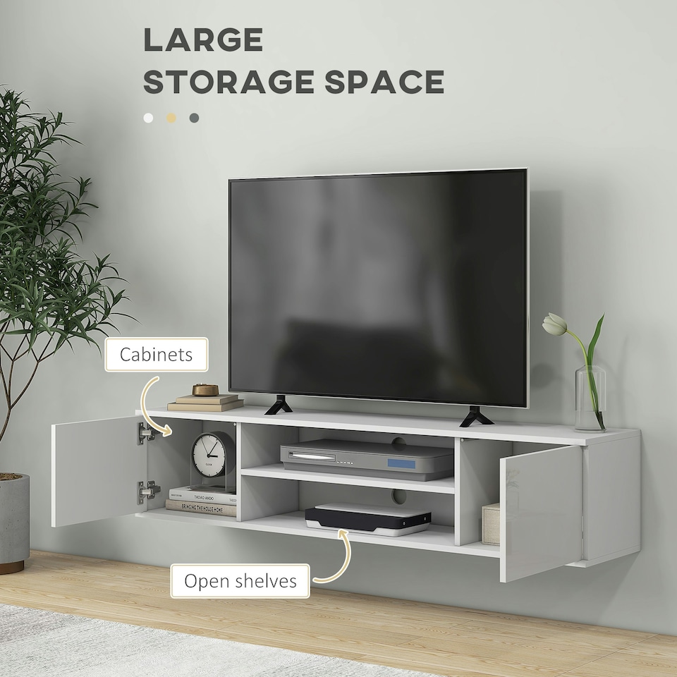 image 1 of HOMCOM Floating TV Unit for 60" TVs W/ Shelves and Cabinets, White