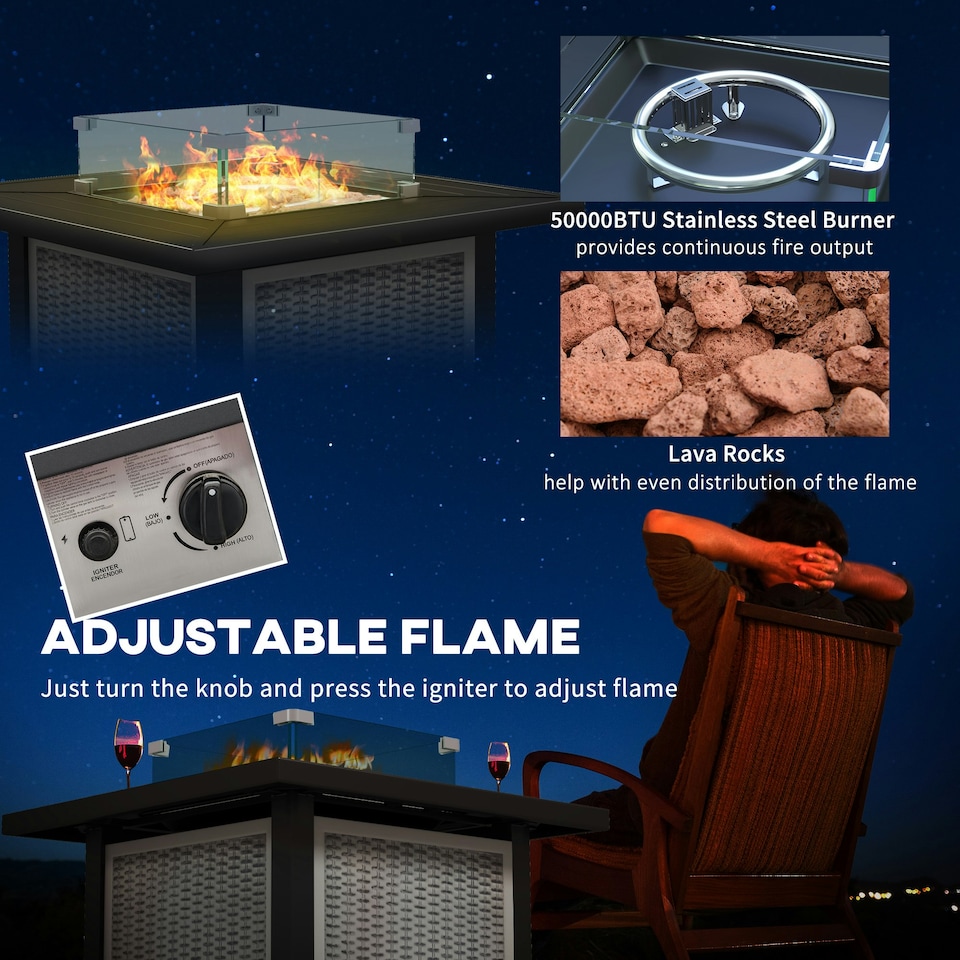 image 1 of Outsunny Outdoor Propane Gas Fire Pit Table w/ Wind Screen & Glass Beads, Grey