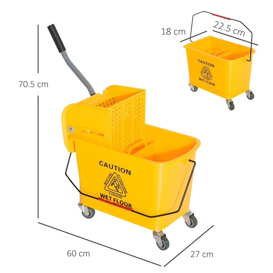 image 1 of HOMCOM 20L Compact Mop Bucket with Wringer and Handle, Mop Bucket on Wheels for Floor Cleaning, Separate Dirty and Clean Water, for Home, Flat, Yellow