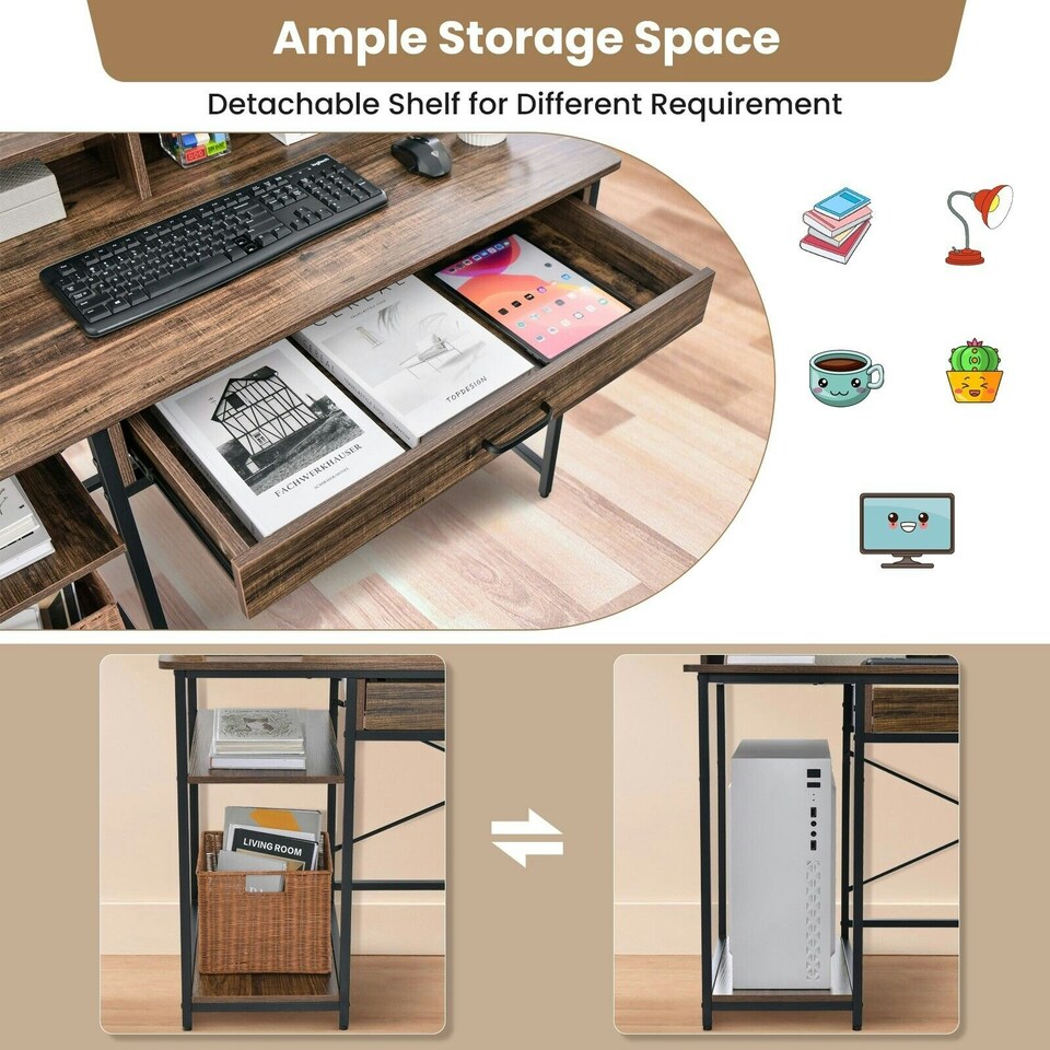 image 1 of COSTWAY Computer Desk Writing Workstation w/Storage Drawer Brown