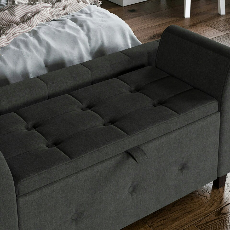 image 1 of Vida Designs Seville Storage Ottoman Bedroom Hallway Chest Bench, Dark Grey Linen Grey | Dark Grey Linen