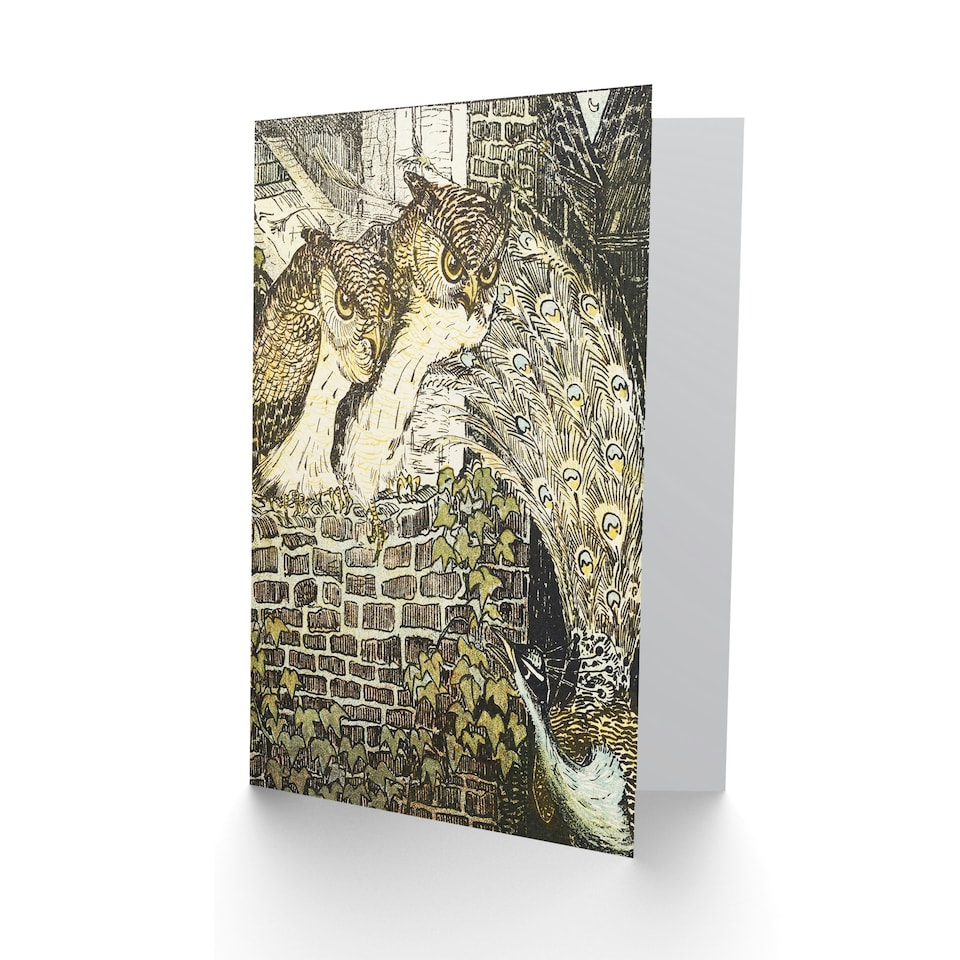 image 1 of Theo van Hoytema Art Card Two Owls on a Wall and Peacock