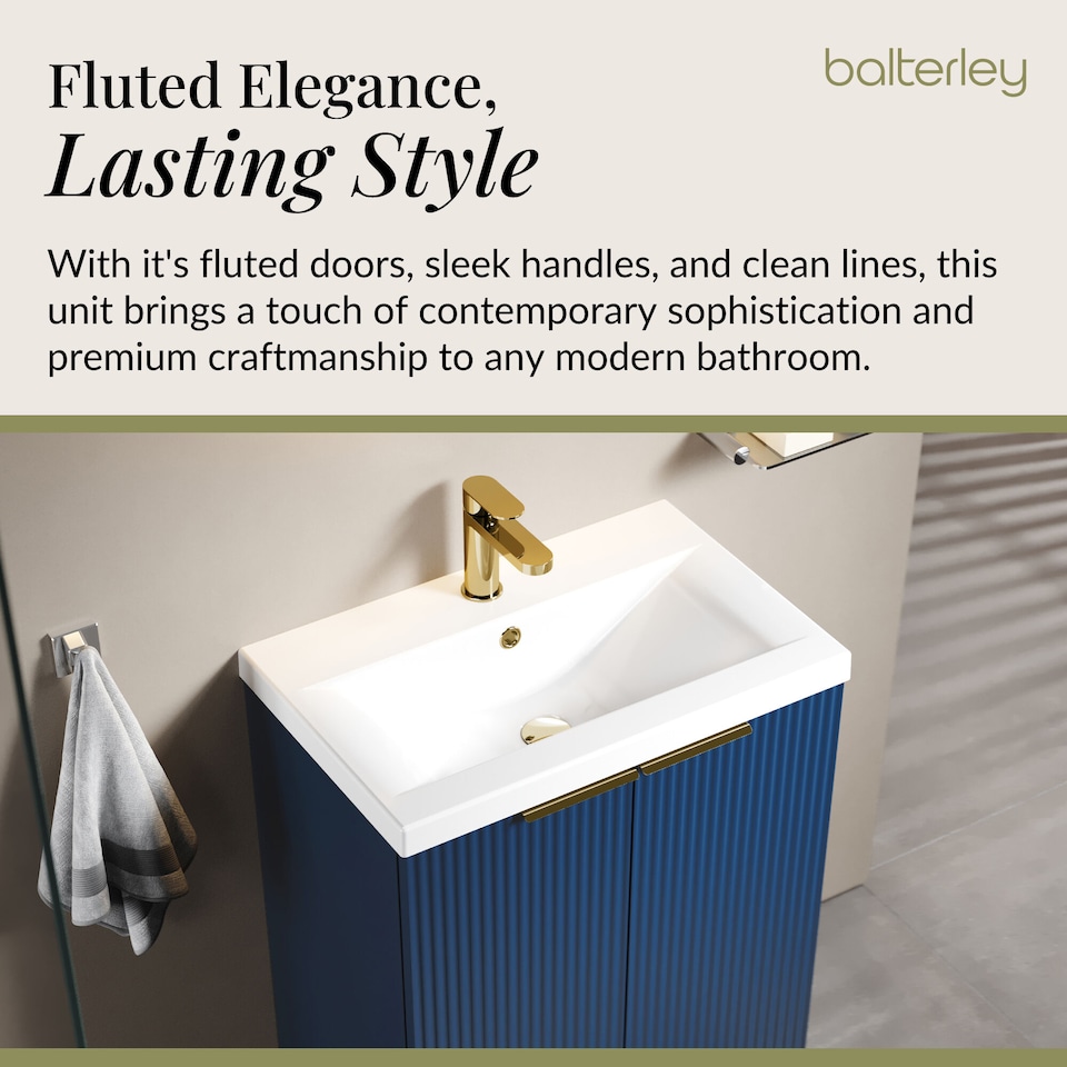 image 1 of Balterley Fluted Front Floor Standing 2 Soft Close Door Bathroom Vanity Unit with 1 Tap Hole Basin, Handles | Blue | Satin Blue