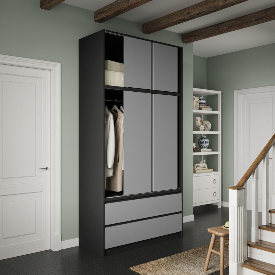 image 1 of 120cm 3 Sliding Doors Children Kids Wardrobe Bedroom Storage Closet Hanging Rail | Multi | Black with Grey Doors | 1