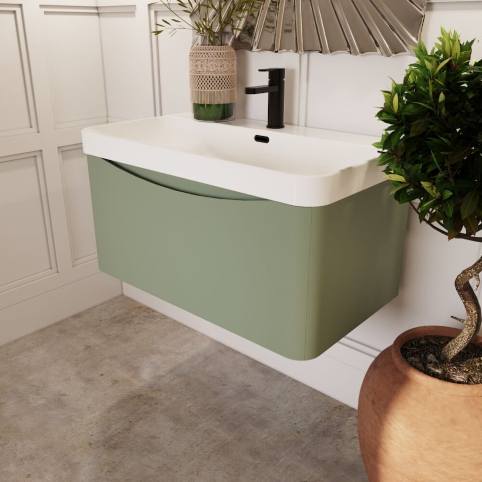 image 1 of Balterley Arch Modern Bathroom Wall Hung 1 Drawer Vanity Unit & Ceramic Basin | Green | Satin Green