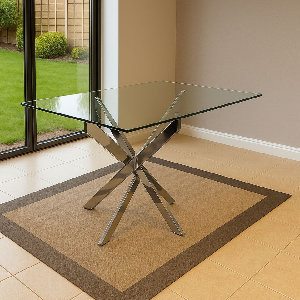 image 1 of Modern Round Glass Dining Table Set with 4 Mustard Leather Chairs Dining Room Furniture