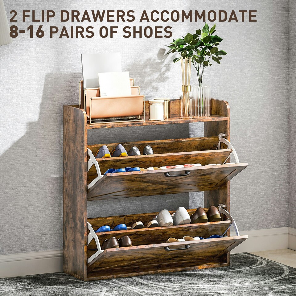 image 1 of HOMCOM Narrow Shoe Cabinet Farmhouse Slim Shoe Storage Cabinet Rustic Brown Brown