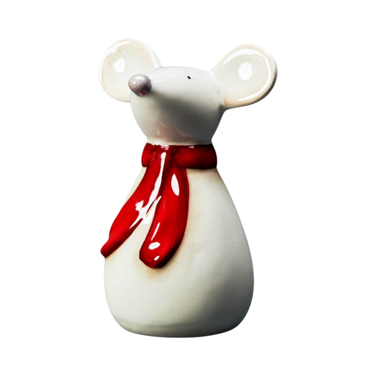 Four Candle White Ceramic Christmas Mouse Figurine with Red Scarf