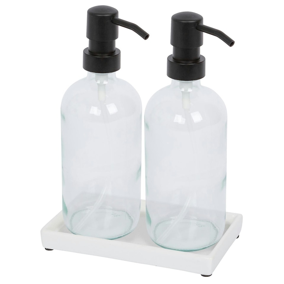 image 1 of Harbour Housewares 2pc Glass Soap Dispenser Set with Ceramic Tray - 500ml - Clear