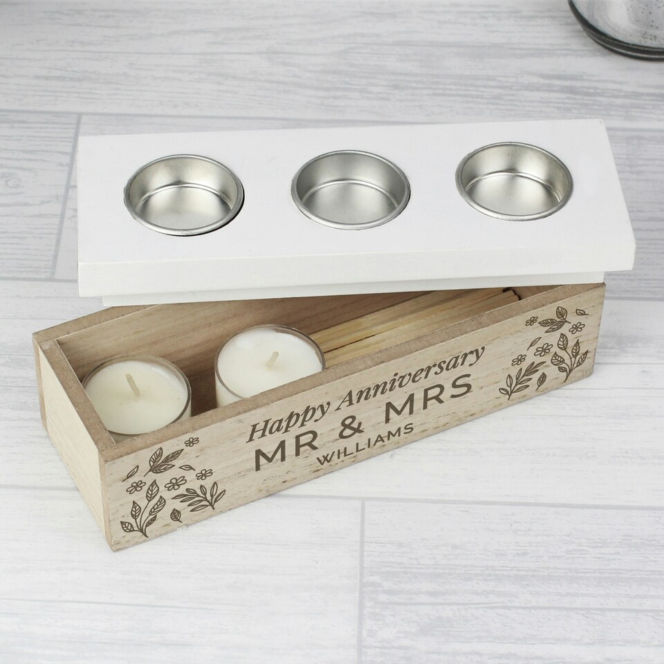 image 1 of Personalised Floral Triple Tea Light Box Brown