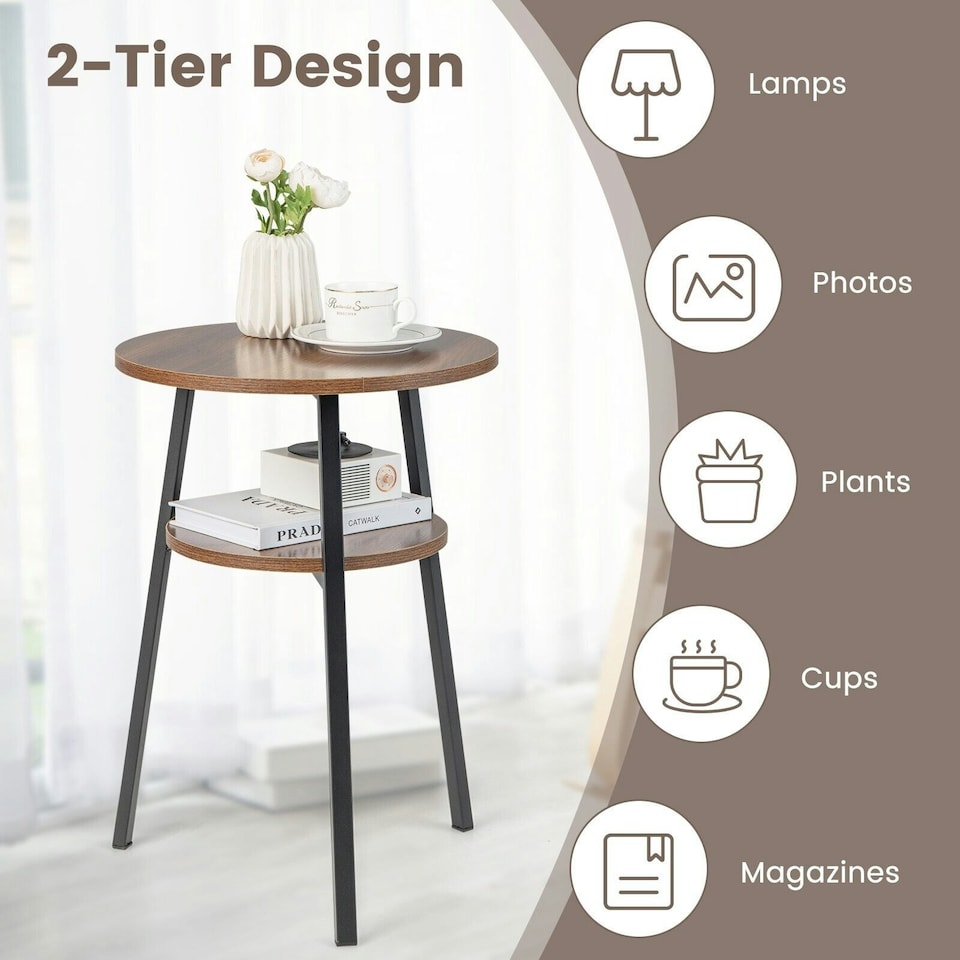 image 1 of COSTWAY Round Side Table Wooden 2-Tier Sofa End Table Brown