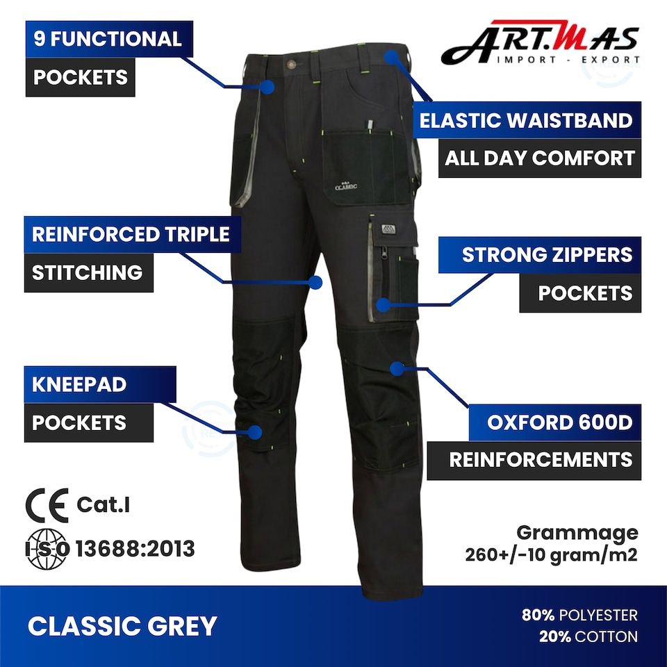 image 1 of Artmas Classic Grey Protective Work Trousers, 9 Storage Pockets, Knee Pad Sections, 260gsm (28/30 Inch - 46 EU)