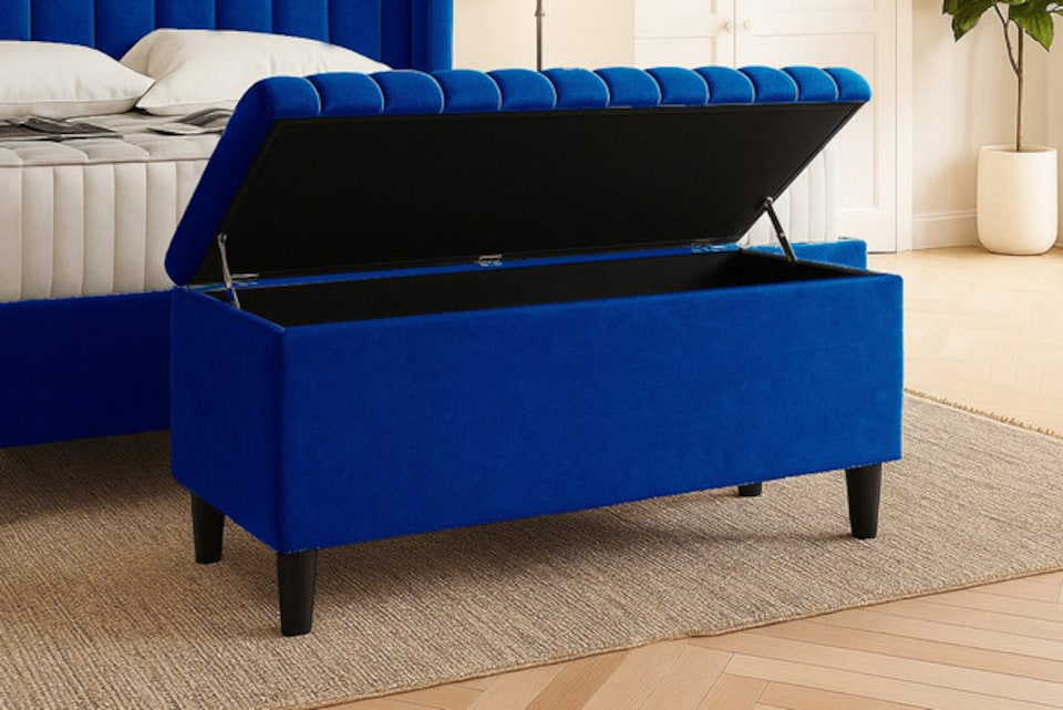 image 1 of 137cm Lined Upholstered Ottoman Storage box - Sapphire Blue Plush Velvet Blanket Storage Box with Wooden Legs