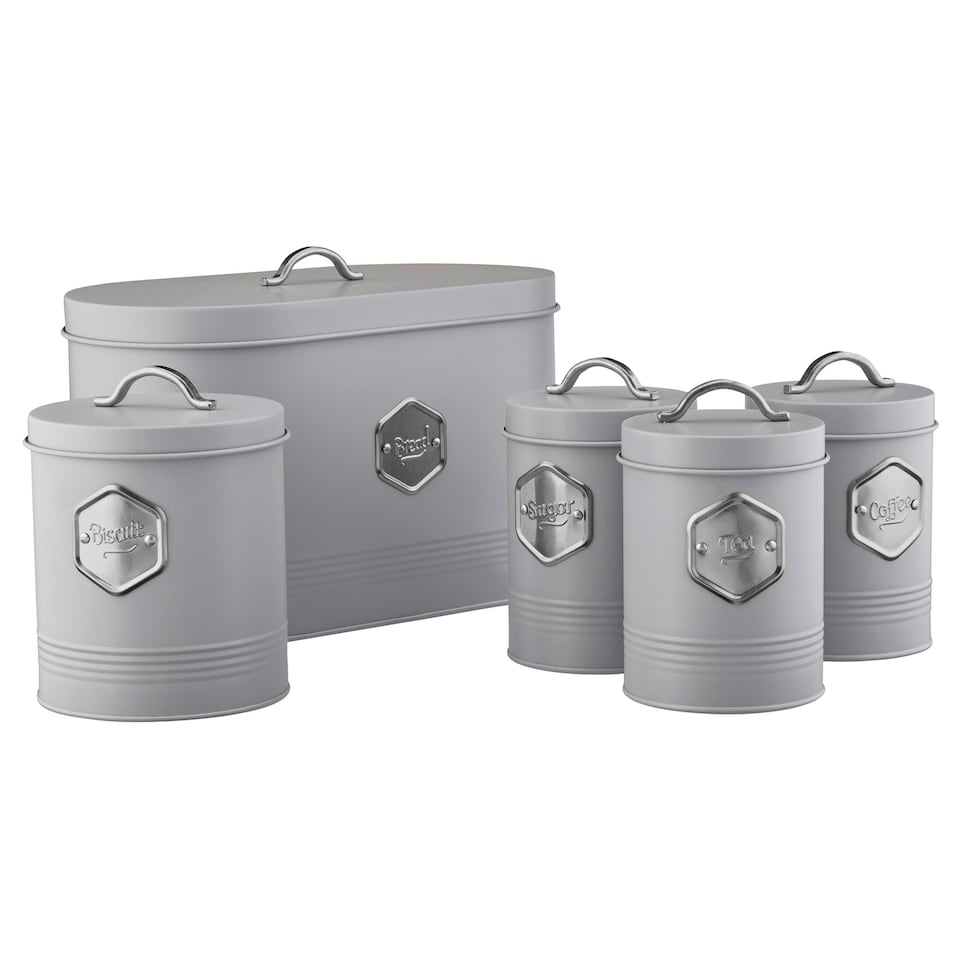 image 1 of Cooks Professional Kitchen Storage Set | 5-Piece | Bread Biscuit Tea Coffee Sugar | Grey & Silver