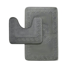 VELVETIO Bath Mat Set Greek Pattern Anti Slip Memory Foam Toilet Rug Grey | Charcoal