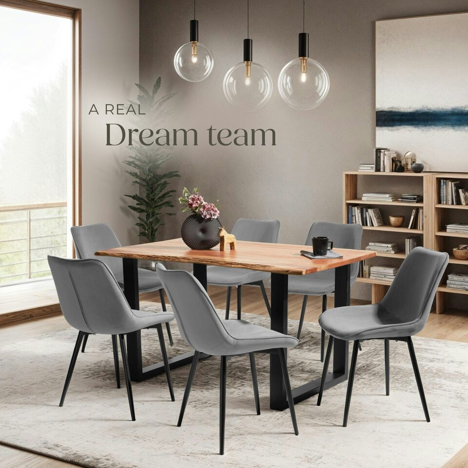 image 1 of Dining Chair Monroe - padded, velvet look, ergonomic seat, black steel legs - Set of 8 Grey