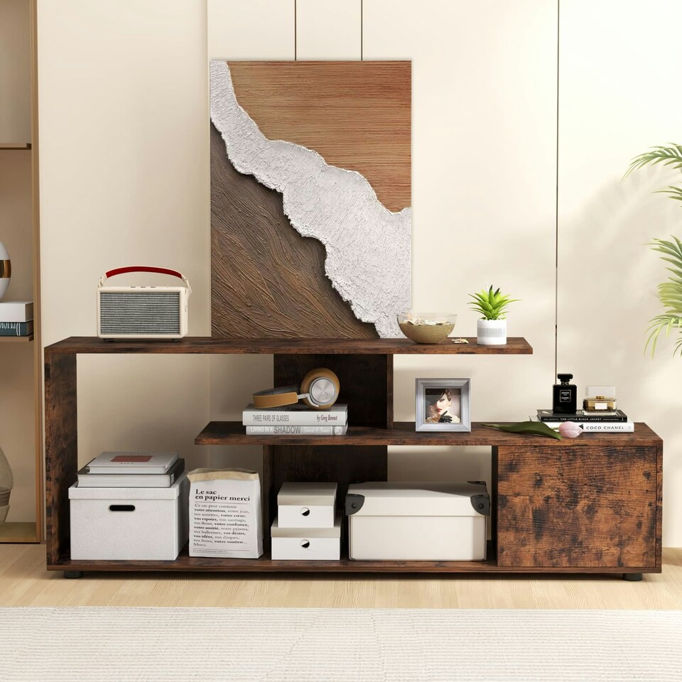 image 1 of COSTWAY TV Stand 55 Inches 3-Tier Entertainment Center Brown Brown