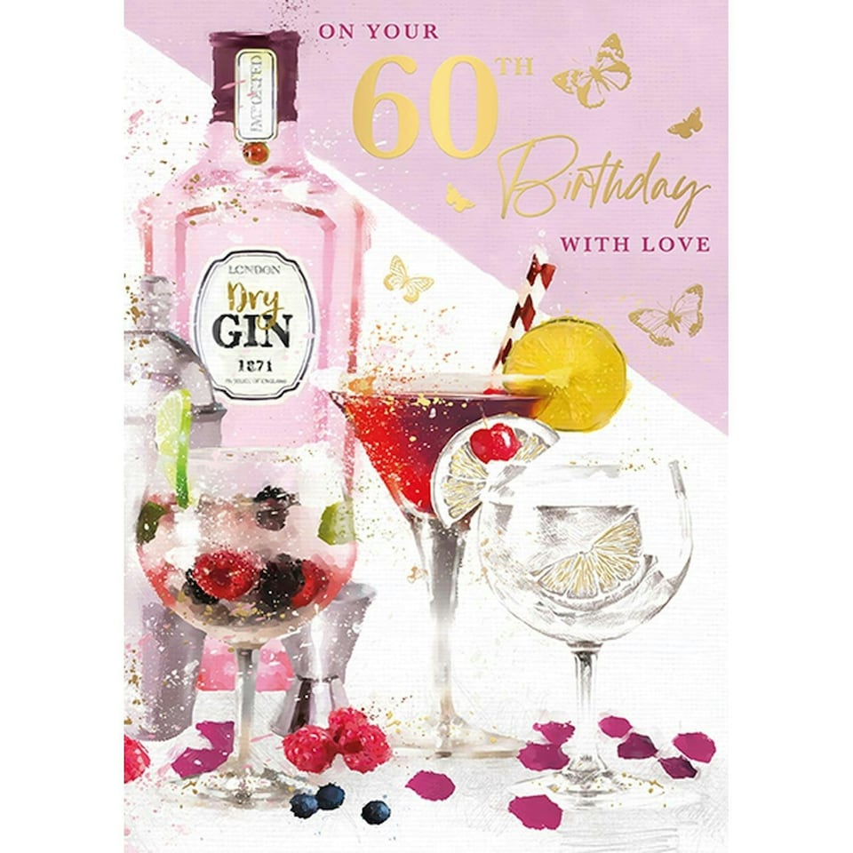 Words 'n' Wishes Traditional Female 60th Happy Birthday Card, Gin & Cocktails