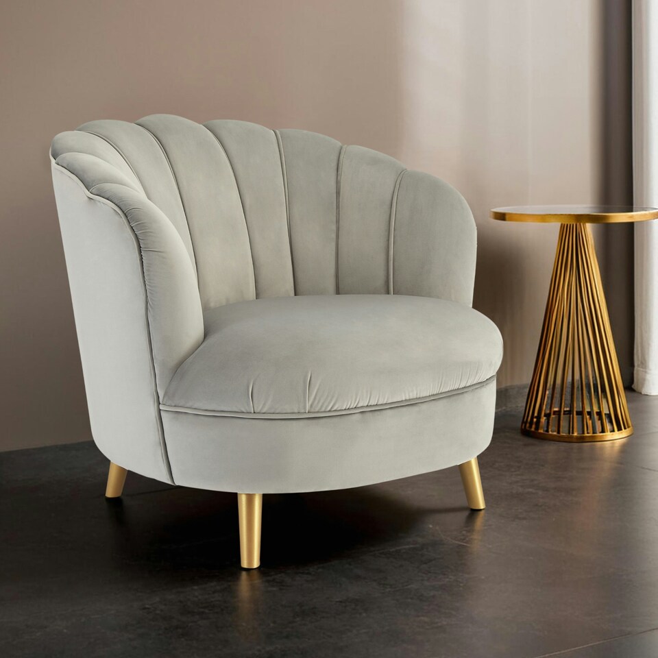 image 1 of Interiors by Premier Grey Velvet Scalloped Armchair, Supportive Armrest Lounge Chair, Easy to Clean Velvet Accent Chair