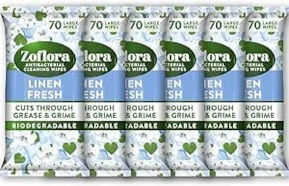 image 1 of Zoflora Linen Fresh Large Biodegradeable Wipes, Antibacterial, 6x70 Wipes, Multi-Surface Disinfectant, Removes Odours & Kills 99.9% of Bacteria & Viruses