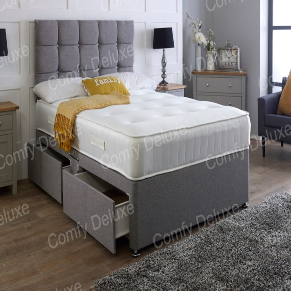 4ft6 Double Grey Linen Divan Bed With Headboard & Memory Sprung Mattress 2 Drawers Same Side