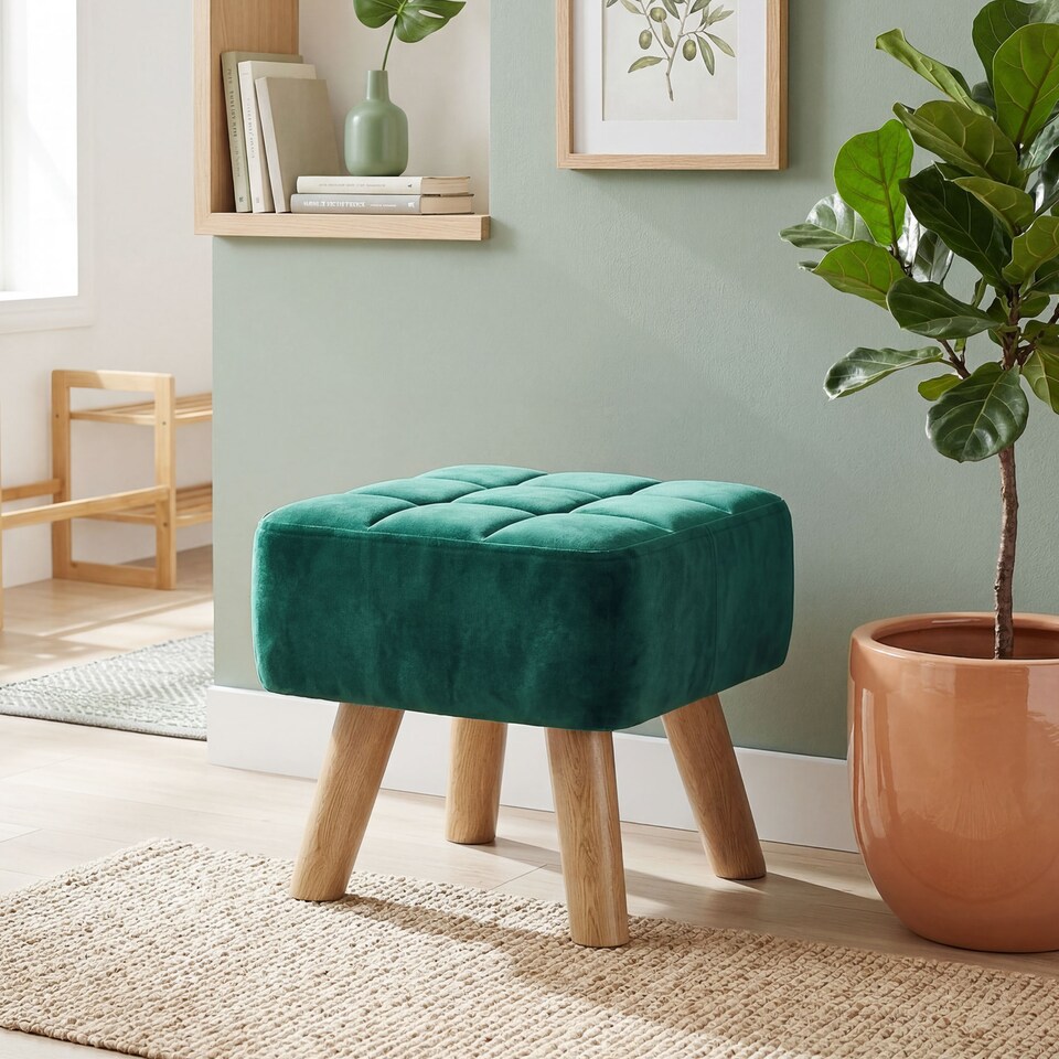 image 1 of HOMCOM Modern Footstool, Fabric Foot Rest with Rubber Wood Legs, Dark Green