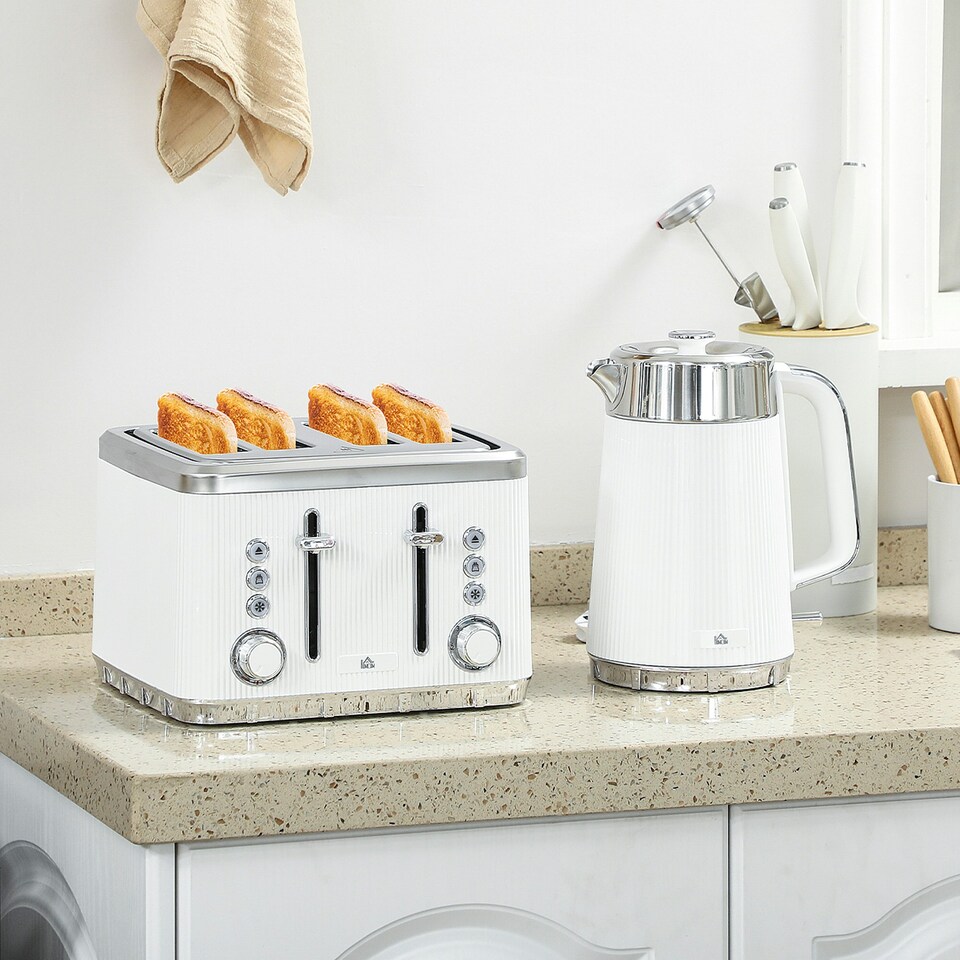 image 1 of HOMCOM 1.7L 3000W Rapid Boil Kettle and 4 Slice Toaster Set Crumb Tray White