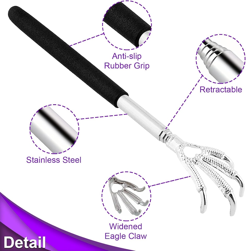 image 1 of Extendable Back Scratcher Black Telescopic Eagle Claw Metal Massager Hand with Long Reach Handle for Itch Relief and Body Massage