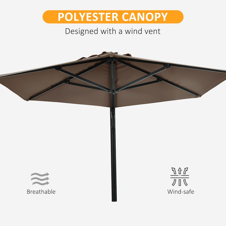 image 1 of Outsunny 2.5m Wall Mounted Parasol, Hand to Push Outdoor Patio Umbrella with 180 Degree Rotatable Canopy for Porch, Deck, Garden, 250 cm, Khaki