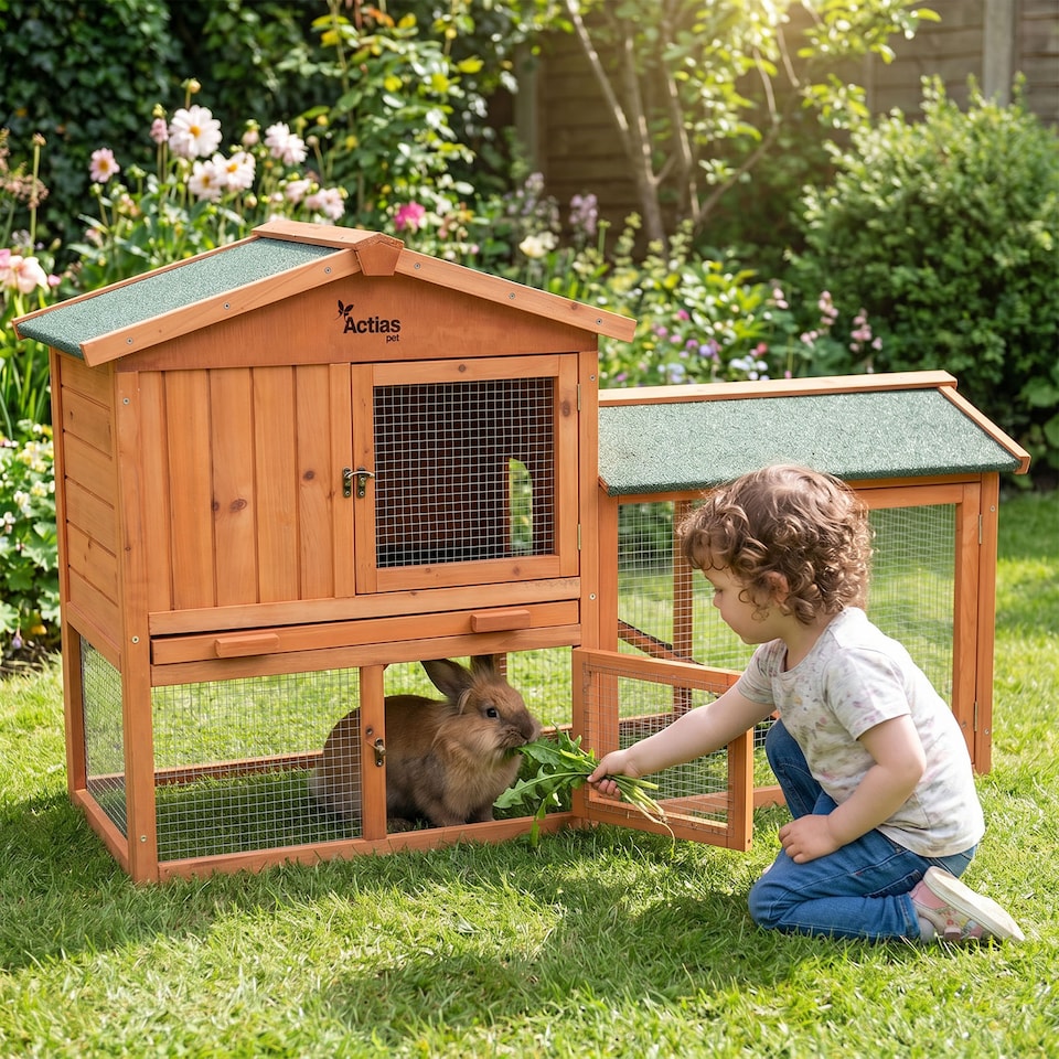 image 1 of Actiaspet - Portable Wooden Rabbit Hutch with Run (Fir & Plywood) | 147cm x 52cmx 85.5cm