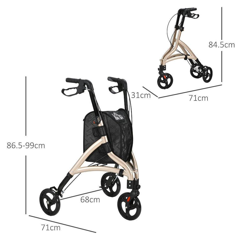 image 1 of HOMCOM Lightweight Aluminium 3-Wheel Rollator with Adjustable Handle Storage Bag
