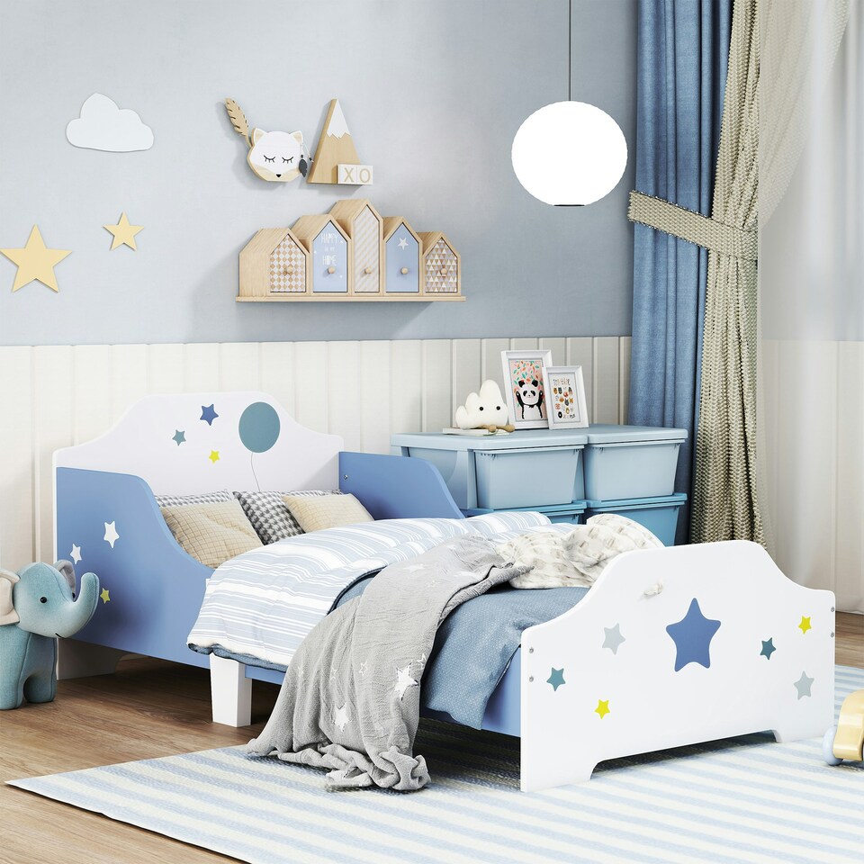 image 1 of HOMCOM Kids Star Balloon Single Bed Frame w/ Guardrails Slats Bedroom Furniture
