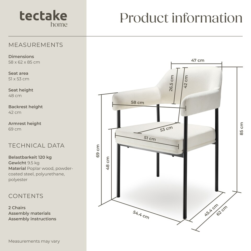 image 1 of Armchair Doe - durable fabric, black powder-coated legs, 120 kg load, 58 x 62 x 85 cm | White | Woven fabric off-white/black | 2