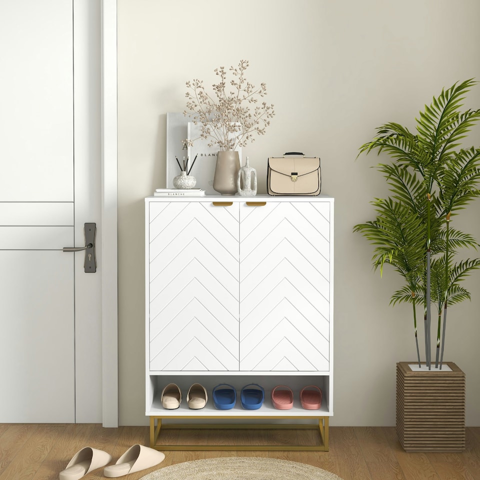 image 1 of HOMCOM Shoe Cabinet with 2 Chevron Doors, Adjustable Shelf for 12 Pairs